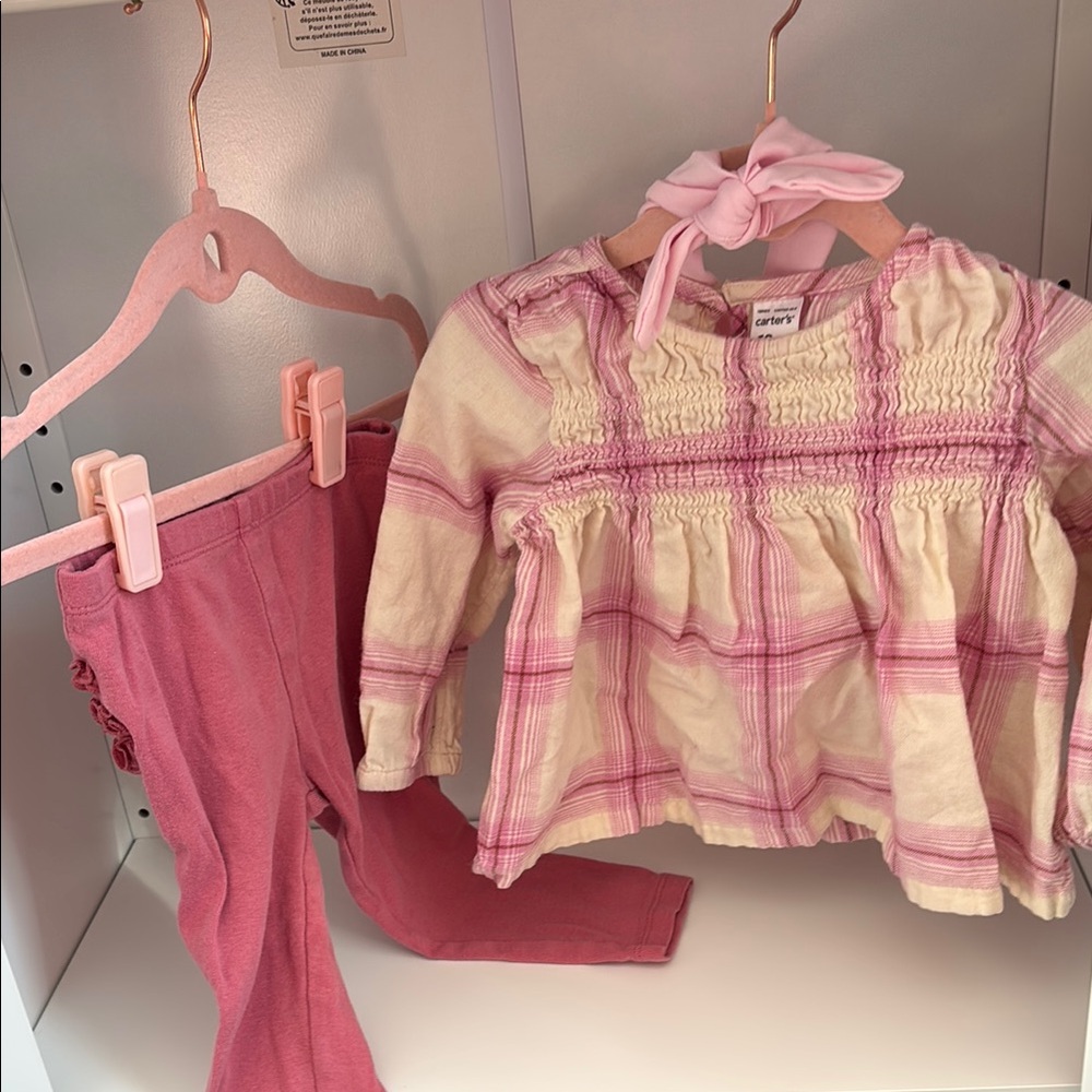 Carters Pink and Cream Plaid Baby Outfit with ruffle butt tights 18 M